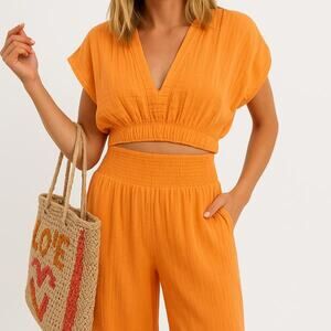 Felicite Vacay Gauze Cotton Smocked Waisted Crop Top Mamey Tangerine Orange Med